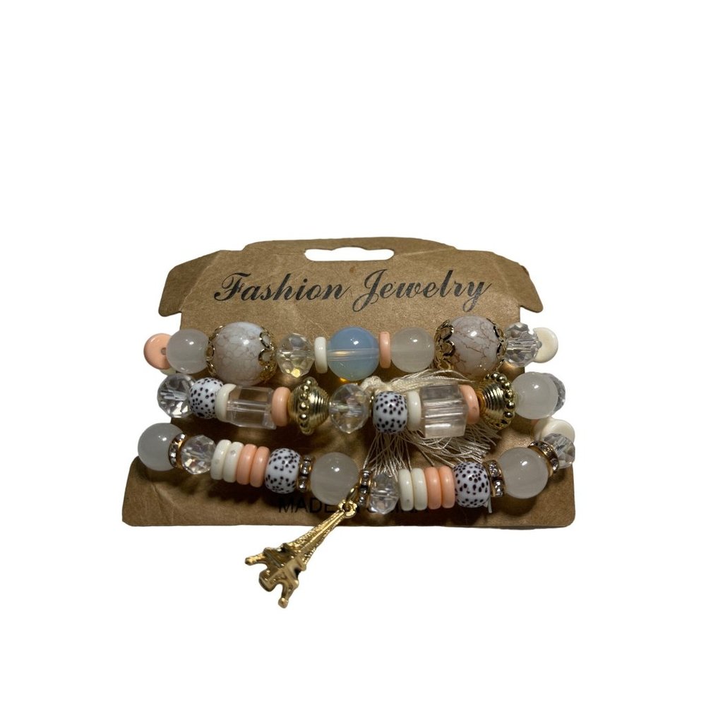 Multilayer Crystal Stone Bead Bracelets Tassels and Charms Peach White and Gold